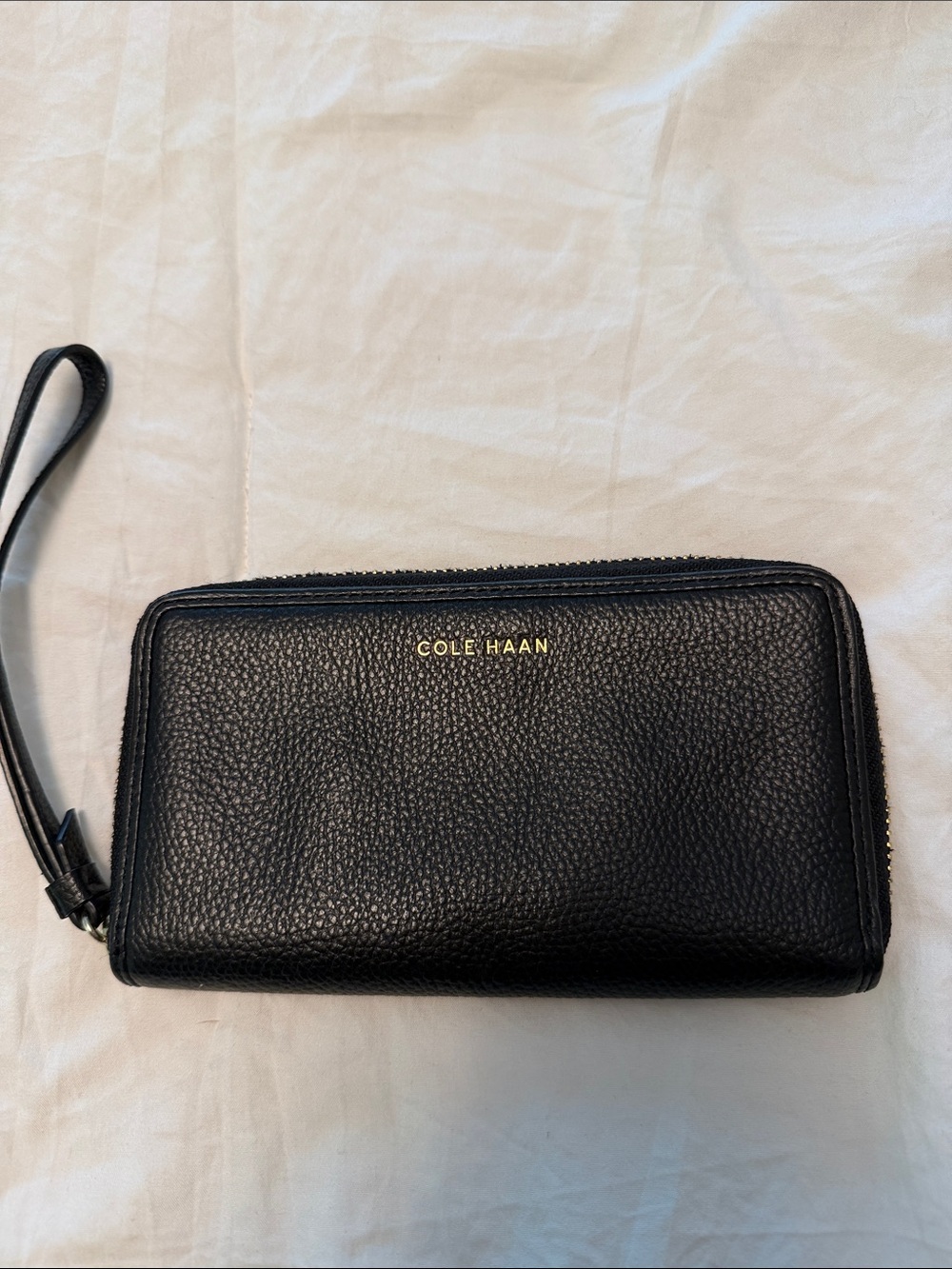Cole Haan Black Pebbled Leather Wristlet Wallet with Gold Logo